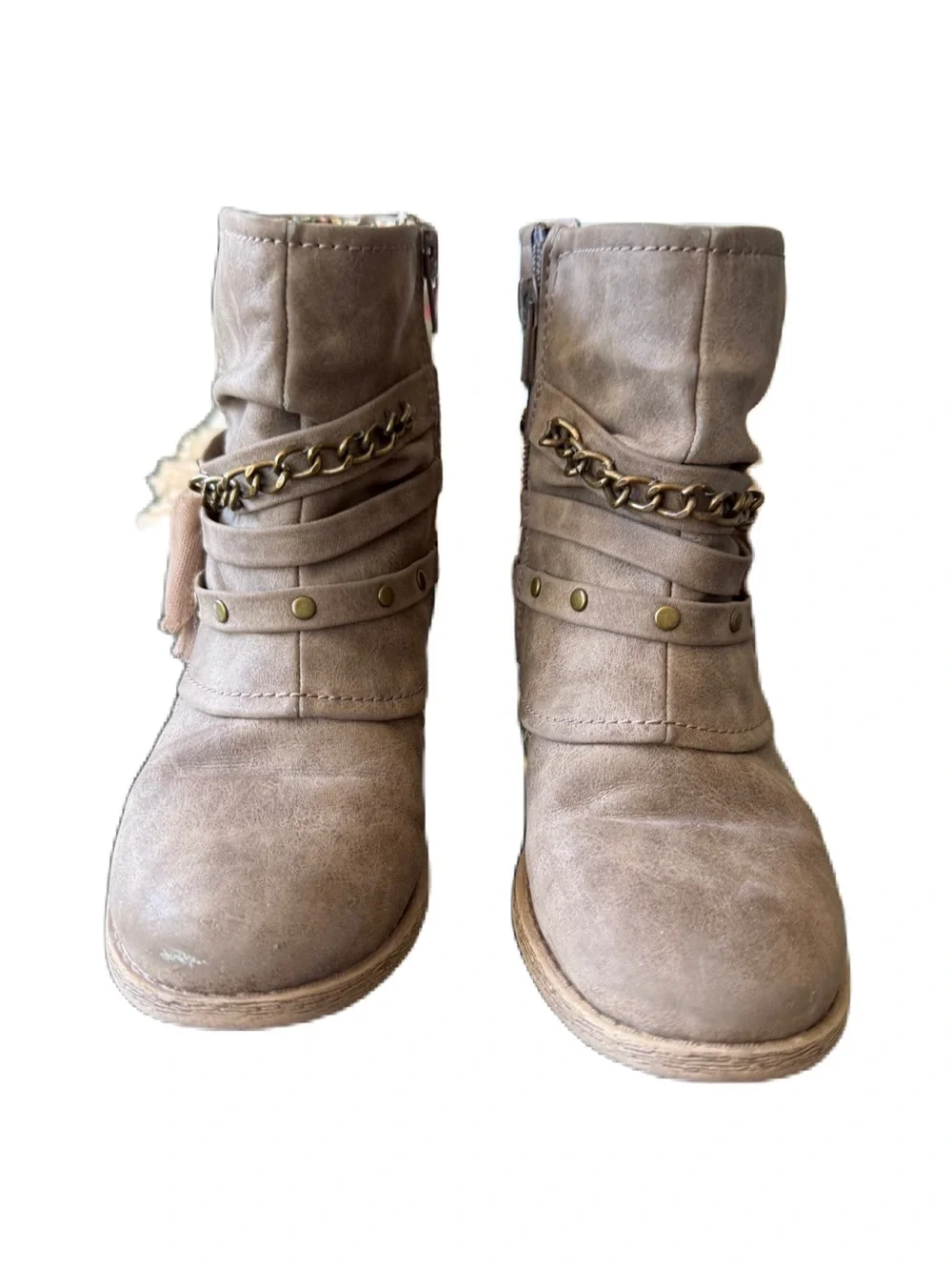 Jelly Pop Girls Taupe Zip Up Booties With Chain and Bow. Size 1